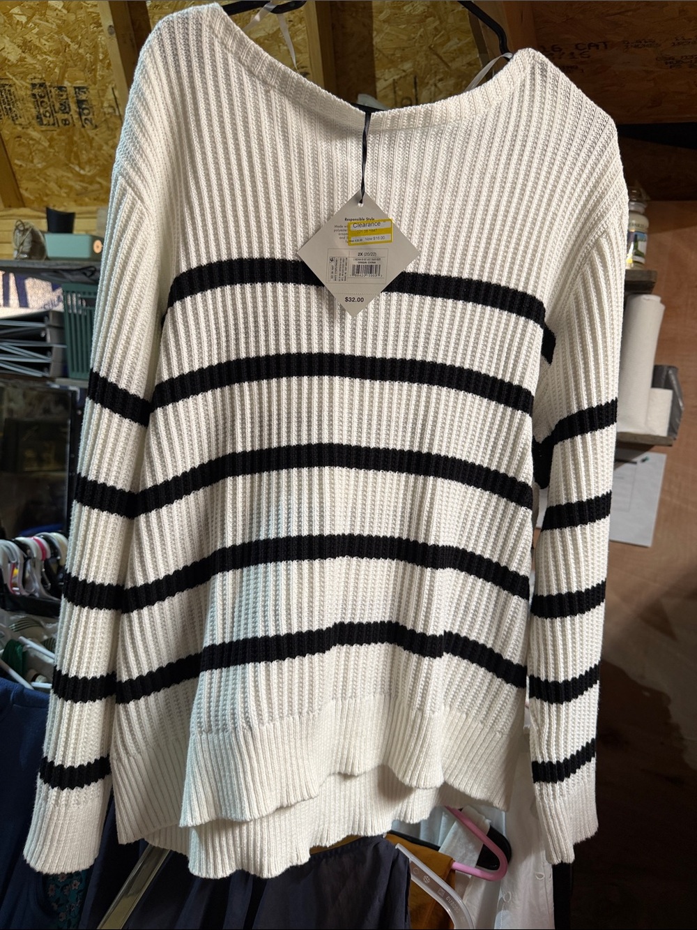 Ava & Viv White and Black Striped Scoop Neck Sweater